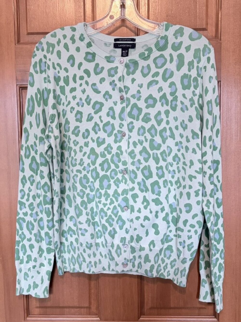 Lands' End Petite Green Cheetah Print Cardigan Petite Medium NWT
